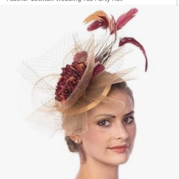 Chic Tan and Red Feather Fascinator Hat - Picture 2 of 5